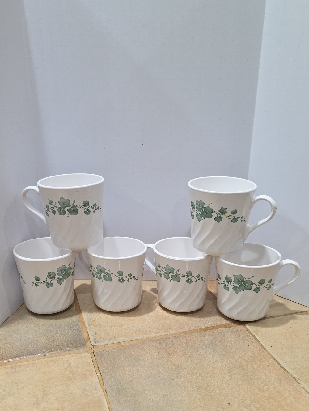 Corelle CALLAWAY IVY Swirl Green Coffee Tea Cups Mugs Set of 6